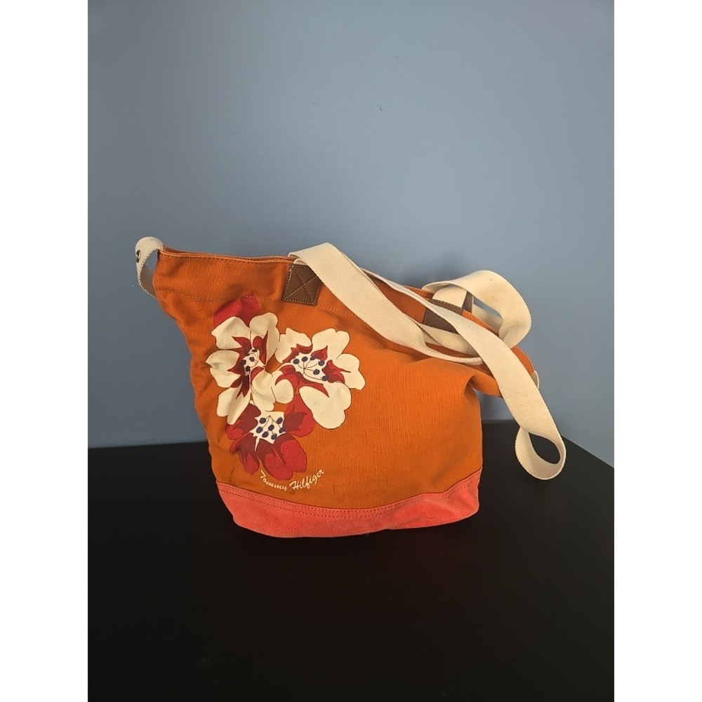 Tommy Hilfiger Orange Floral Canvas Tote Bag Shoulder Strap Large Handbag - Picture 1 of 9